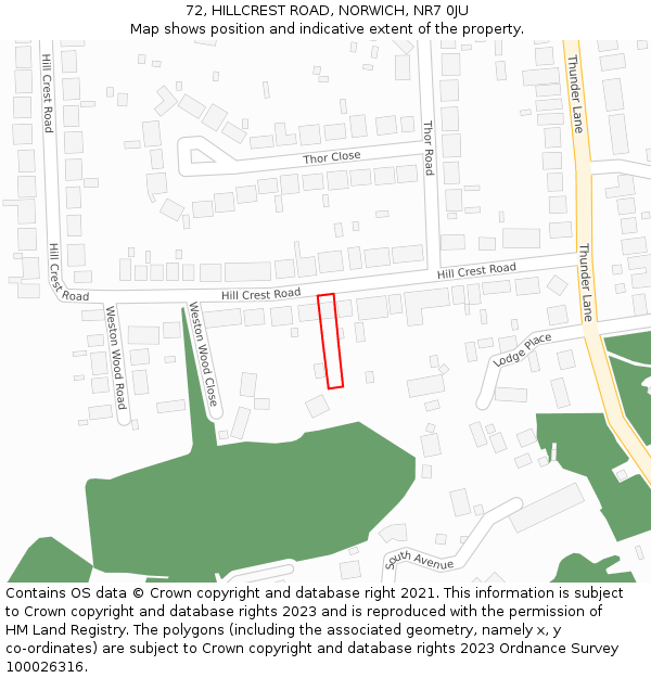 72, HILLCREST ROAD, NORWICH, NR7 0JU: Location map and indicative extent of plot
