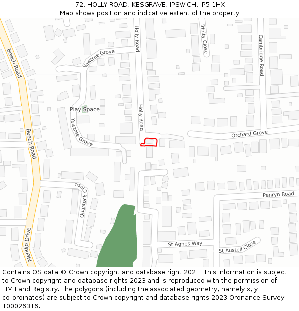72, HOLLY ROAD, KESGRAVE, IPSWICH, IP5 1HX: Location map and indicative extent of plot