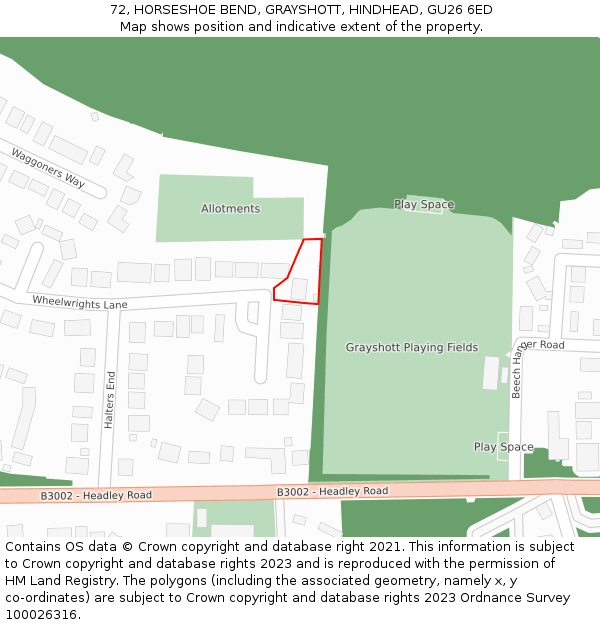 72, HORSESHOE BEND, GRAYSHOTT, HINDHEAD, GU26 6ED: Location map and indicative extent of plot