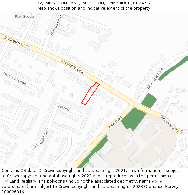 72, IMPINGTON LANE, IMPINGTON, CAMBRIDGE, CB24 9NJ: Location map and indicative extent of plot