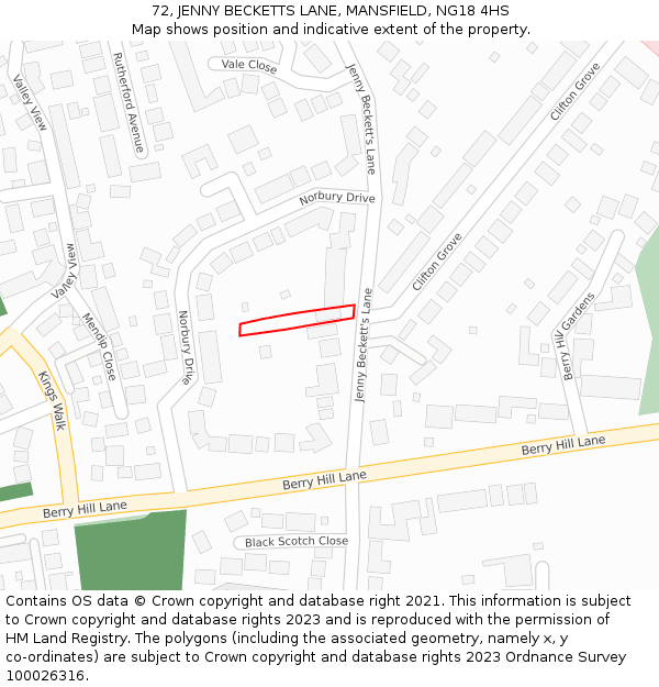 72, JENNY BECKETTS LANE, MANSFIELD, NG18 4HS: Location map and indicative extent of plot