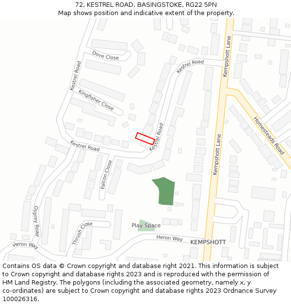 72, KESTREL ROAD, BASINGSTOKE, RG22 5PN: Location map and indicative extent of plot