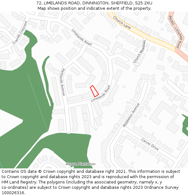 72, LIMELANDS ROAD, DINNINGTON, SHEFFIELD, S25 2XU: Location map and indicative extent of plot