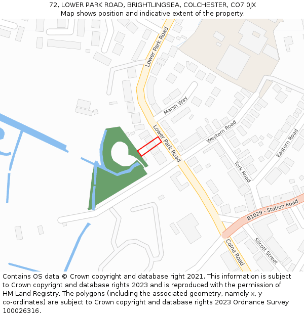 72, LOWER PARK ROAD, BRIGHTLINGSEA, COLCHESTER, CO7 0JX: Location map and indicative extent of plot