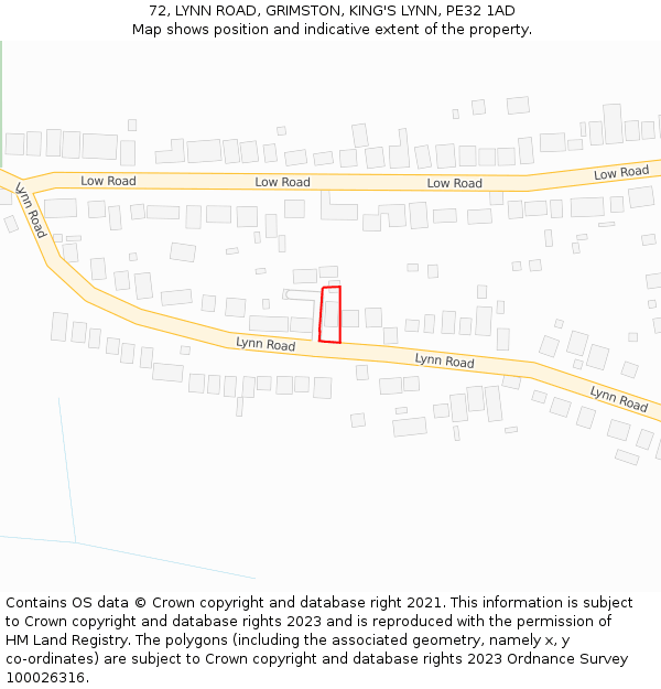 72, LYNN ROAD, GRIMSTON, KING'S LYNN, PE32 1AD: Location map and indicative extent of plot