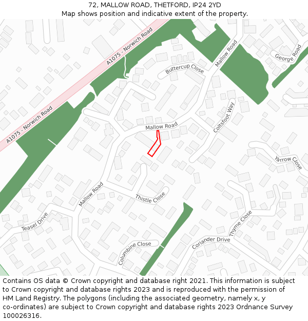 72, MALLOW ROAD, THETFORD, IP24 2YD: Location map and indicative extent of plot