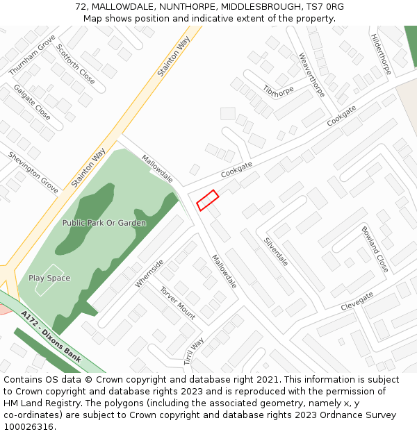 72, MALLOWDALE, NUNTHORPE, MIDDLESBROUGH, TS7 0RG: Location map and indicative extent of plot