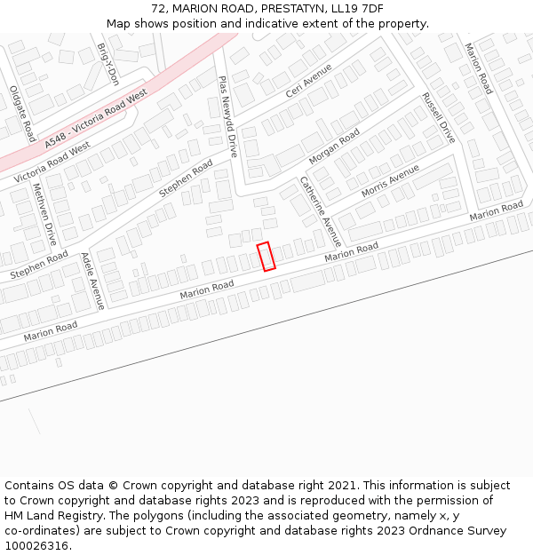 72, MARION ROAD, PRESTATYN, LL19 7DF: Location map and indicative extent of plot
