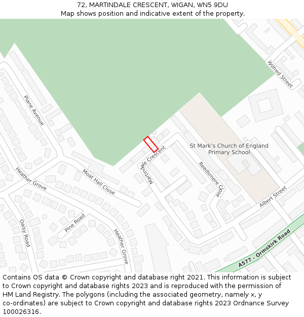 72, MARTINDALE CRESCENT, WIGAN, WN5 9DU: Location map and indicative extent of plot