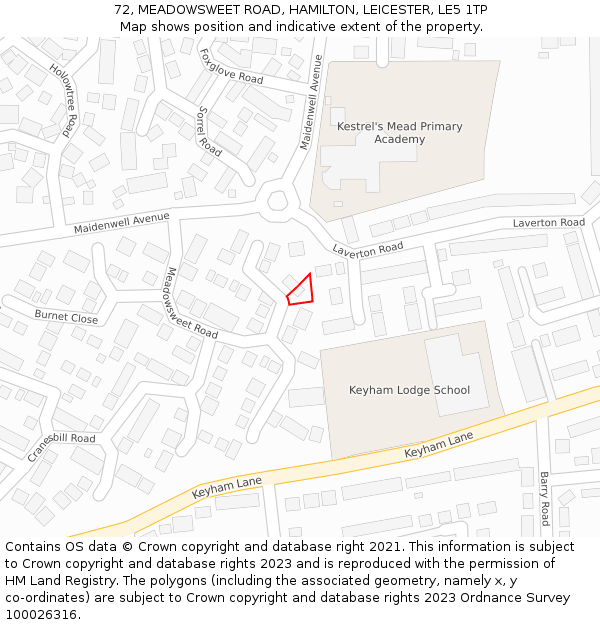 72, MEADOWSWEET ROAD, HAMILTON, LEICESTER, LE5 1TP: Location map and indicative extent of plot