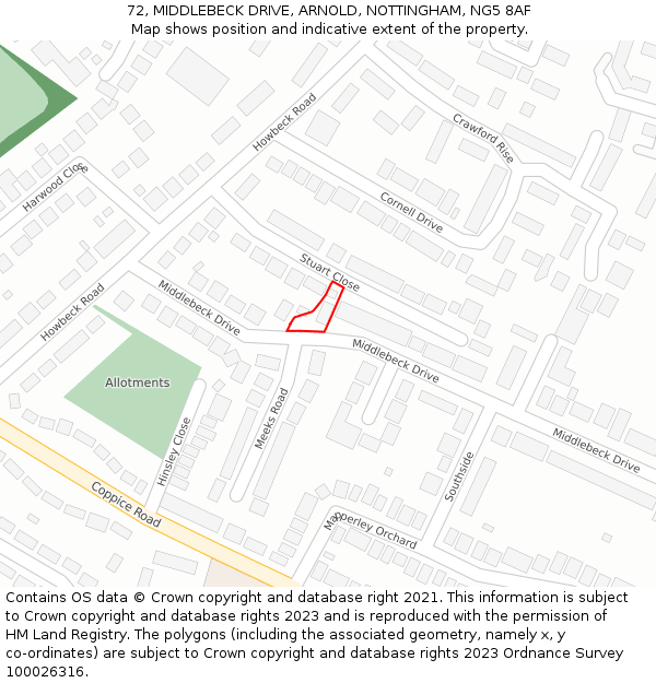 72, MIDDLEBECK DRIVE, ARNOLD, NOTTINGHAM, NG5 8AF: Location map and indicative extent of plot