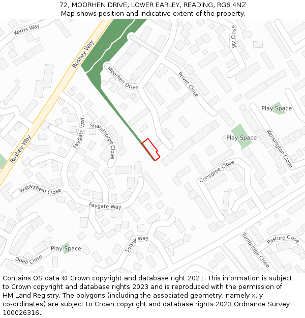 72, MOORHEN DRIVE, LOWER EARLEY, READING, RG6 4NZ: Location map and indicative extent of plot