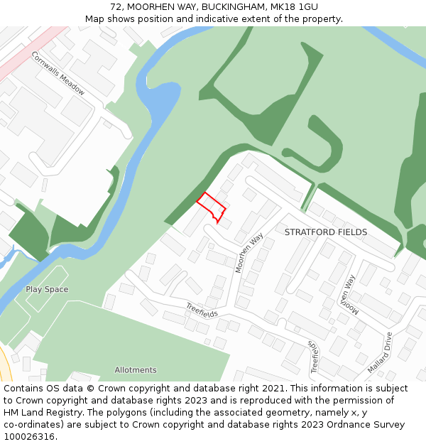 72, MOORHEN WAY, BUCKINGHAM, MK18 1GU: Location map and indicative extent of plot