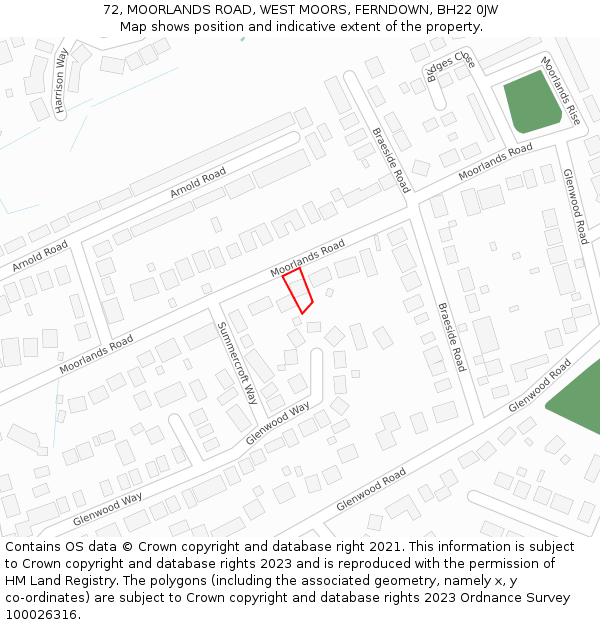 72, MOORLANDS ROAD, WEST MOORS, FERNDOWN, BH22 0JW: Location map and indicative extent of plot