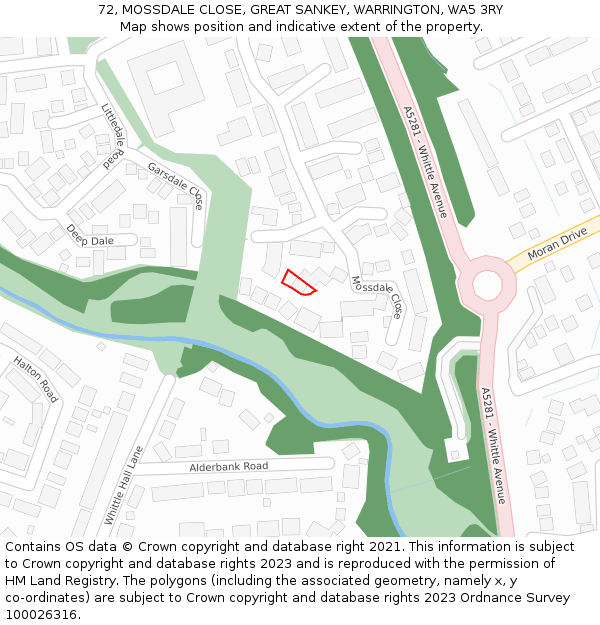 72, MOSSDALE CLOSE, GREAT SANKEY, WARRINGTON, WA5 3RY: Location map and indicative extent of plot