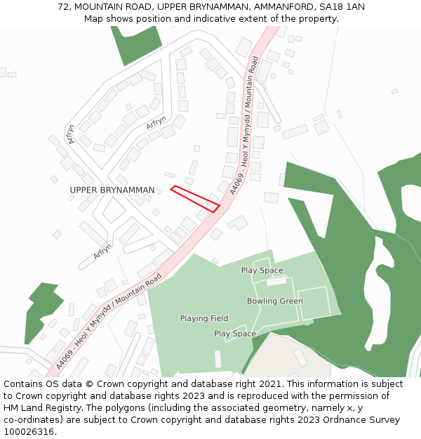 72, MOUNTAIN ROAD, UPPER BRYNAMMAN, AMMANFORD, SA18 1AN: Location map and indicative extent of plot