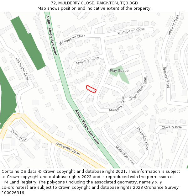 72, MULBERRY CLOSE, PAIGNTON, TQ3 3GD: Location map and indicative extent of plot