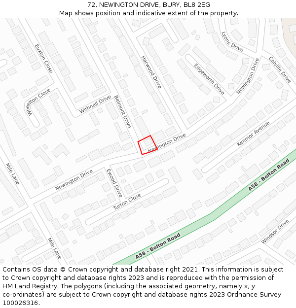 72, NEWINGTON DRIVE, BURY, BL8 2EG: Location map and indicative extent of plot