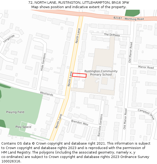 72, NORTH LANE, RUSTINGTON, LITTLEHAMPTON, BN16 3PW: Location map and indicative extent of plot
