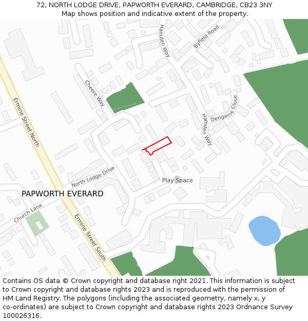 72, NORTH LODGE DRIVE, PAPWORTH EVERARD, CAMBRIDGE, CB23 3NY: Location map and indicative extent of plot