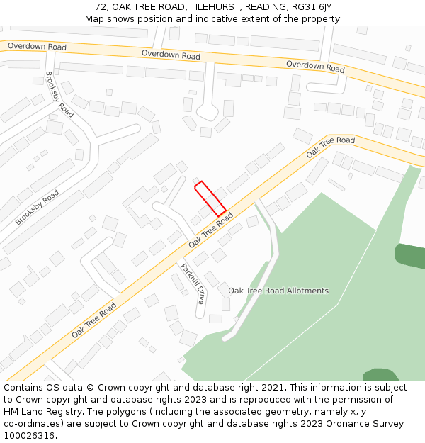 72, OAK TREE ROAD, TILEHURST, READING, RG31 6JY: Location map and indicative extent of plot