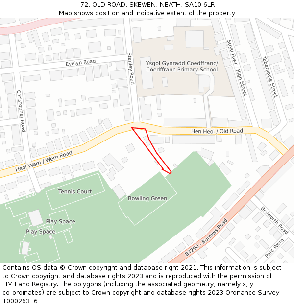 72, OLD ROAD, SKEWEN, NEATH, SA10 6LR: Location map and indicative extent of plot
