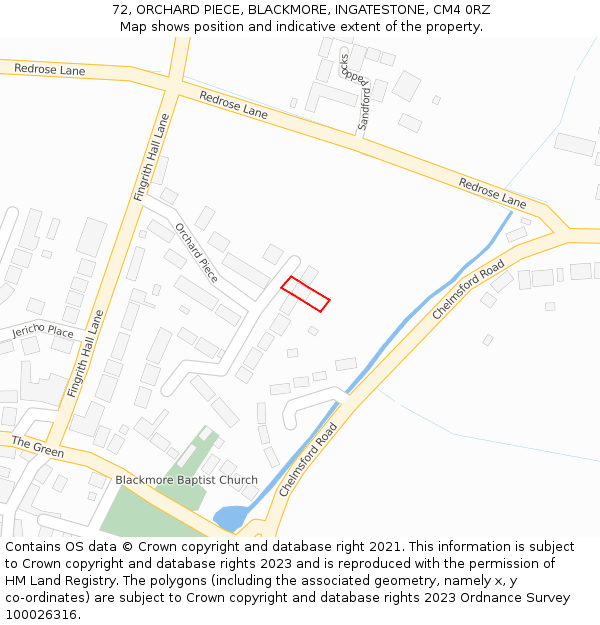 72, ORCHARD PIECE, BLACKMORE, INGATESTONE, CM4 0RZ: Location map and indicative extent of plot