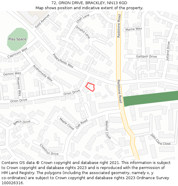 72, ORION DRIVE, BRACKLEY, NN13 6GD: Location map and indicative extent of plot