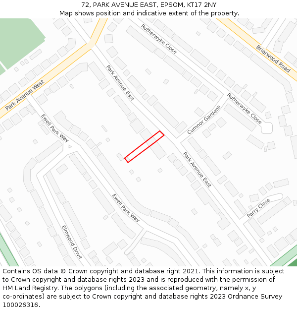 72, PARK AVENUE EAST, EPSOM, KT17 2NY: Location map and indicative extent of plot