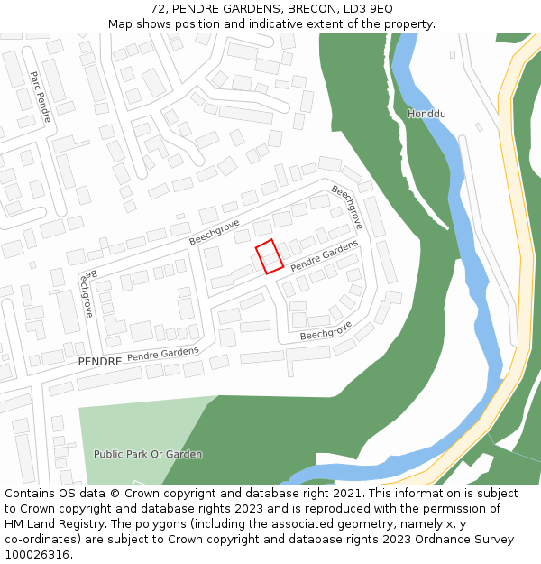 72, PENDRE GARDENS, BRECON, LD3 9EQ: Location map and indicative extent of plot