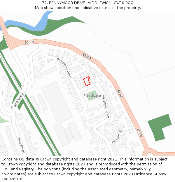 72, PENNYMOOR DRIVE, MIDDLEWICH, CW10 9QQ: Location map and indicative extent of plot