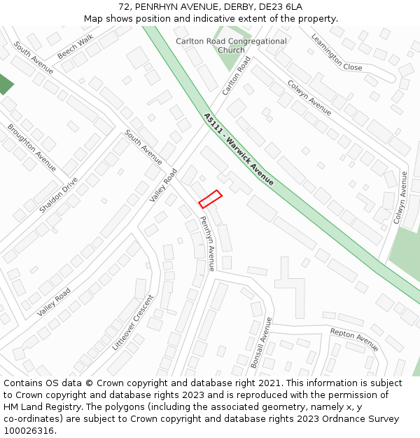 72, PENRHYN AVENUE, DERBY, DE23 6LA: Location map and indicative extent of plot