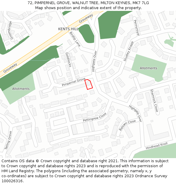 72, PIMPERNEL GROVE, WALNUT TREE, MILTON KEYNES, MK7 7LG: Location map and indicative extent of plot