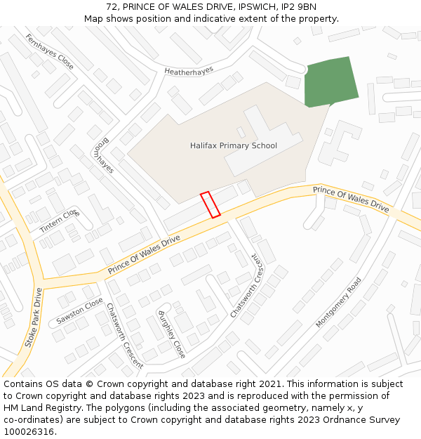72, PRINCE OF WALES DRIVE, IPSWICH, IP2 9BN: Location map and indicative extent of plot