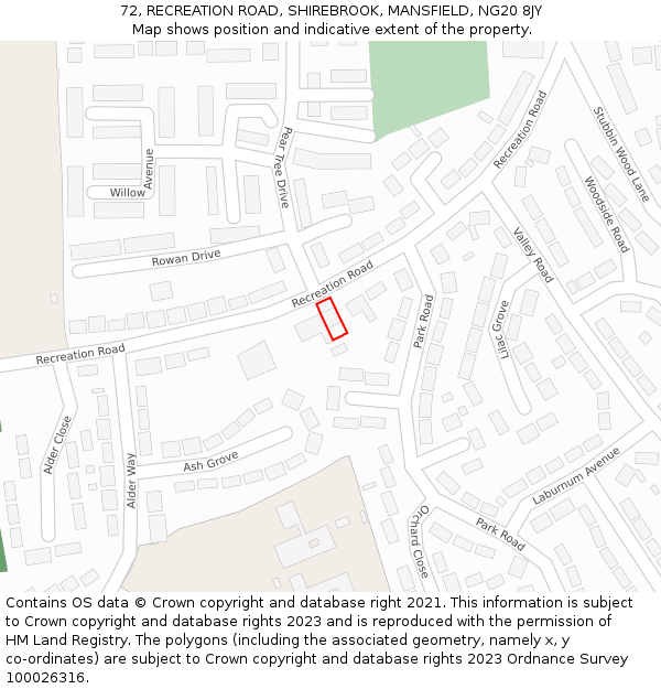 72, RECREATION ROAD, SHIREBROOK, MANSFIELD, NG20 8JY: Location map and indicative extent of plot