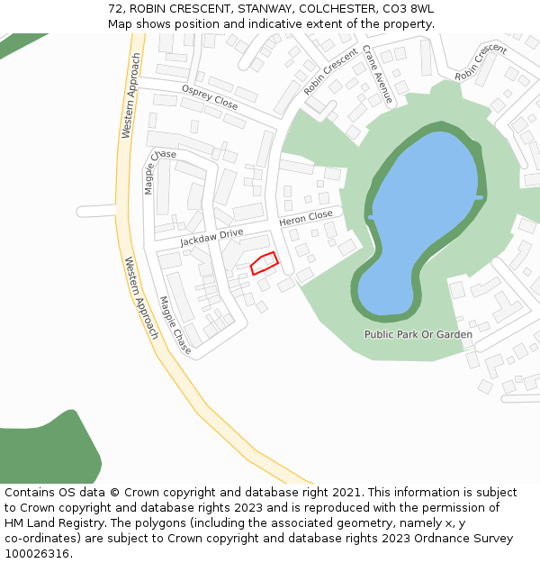 72, ROBIN CRESCENT, STANWAY, COLCHESTER, CO3 8WL: Location map and indicative extent of plot