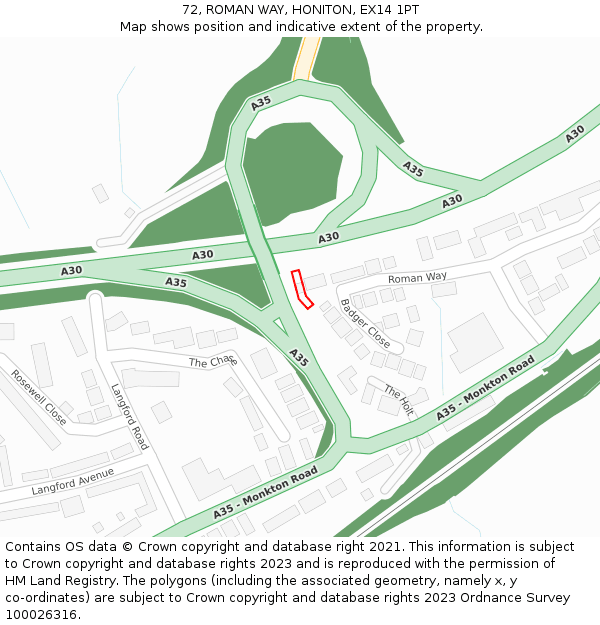 72, ROMAN WAY, HONITON, EX14 1PT: Location map and indicative extent of plot