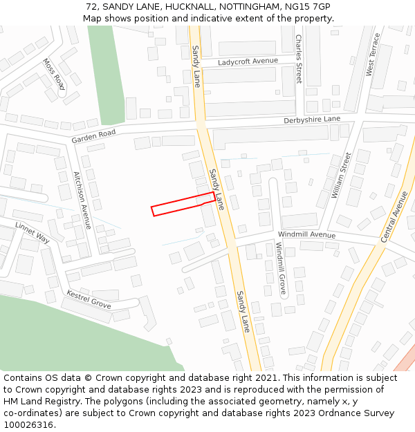 72, SANDY LANE, HUCKNALL, NOTTINGHAM, NG15 7GP: Location map and indicative extent of plot