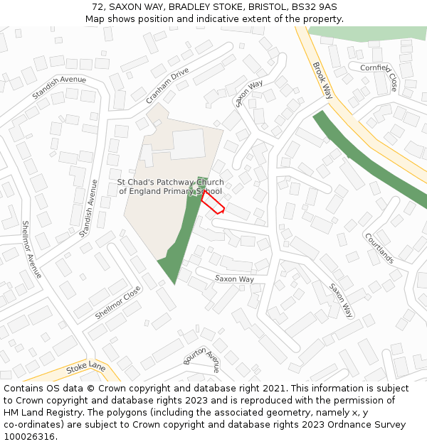 72, SAXON WAY, BRADLEY STOKE, BRISTOL, BS32 9AS: Location map and indicative extent of plot