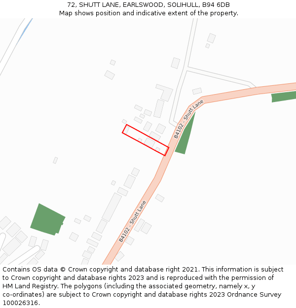 72, SHUTT LANE, EARLSWOOD, SOLIHULL, B94 6DB: Location map and indicative extent of plot