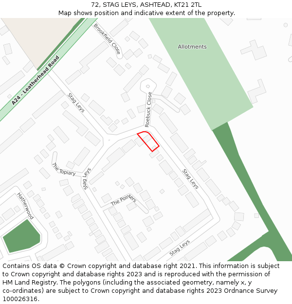 72, STAG LEYS, ASHTEAD, KT21 2TL: Location map and indicative extent of plot