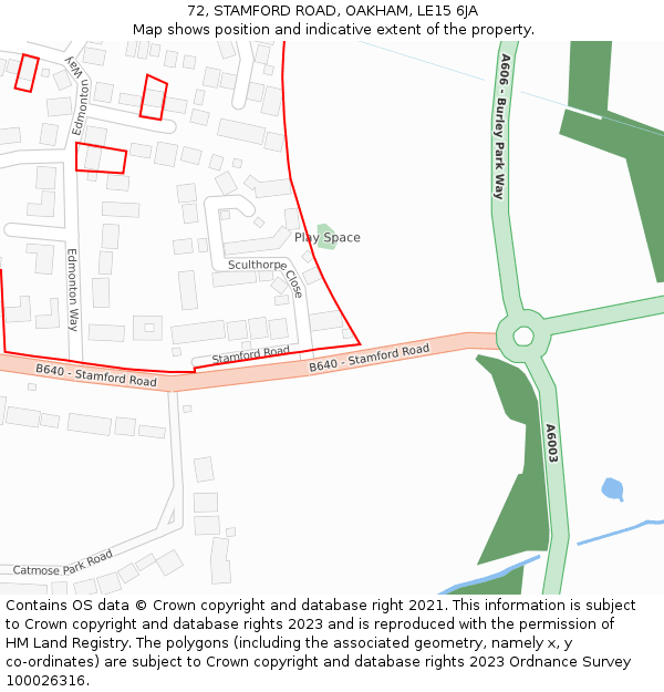 72, STAMFORD ROAD, OAKHAM, LE15 6JA: Location map and indicative extent of plot