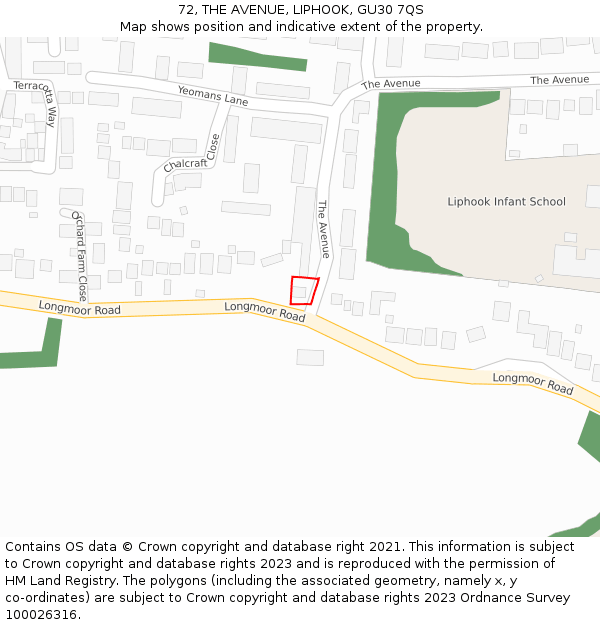 72, THE AVENUE, LIPHOOK, GU30 7QS: Location map and indicative extent of plot