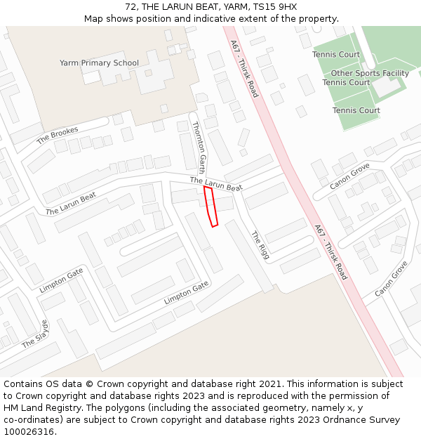 72, THE LARUN BEAT, YARM, TS15 9HX: Location map and indicative extent of plot