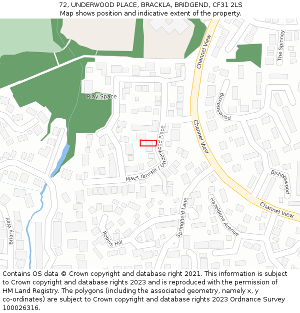 72, UNDERWOOD PLACE, BRACKLA, BRIDGEND, CF31 2LS: Location map and indicative extent of plot