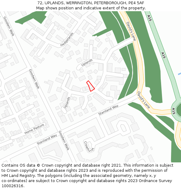 72, UPLANDS, WERRINGTON, PETERBOROUGH, PE4 5AF: Location map and indicative extent of plot