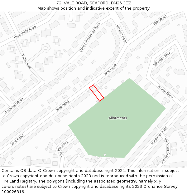 72, VALE ROAD, SEAFORD, BN25 3EZ: Location map and indicative extent of plot