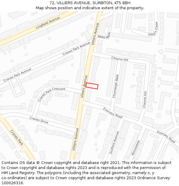 72, VILLIERS AVENUE, SURBITON, KT5 8BH: Location map and indicative extent of plot