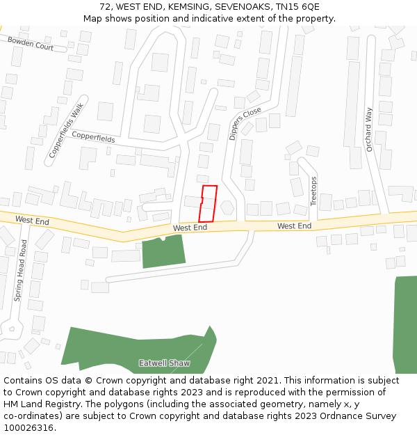 72, WEST END, KEMSING, SEVENOAKS, TN15 6QE: Location map and indicative extent of plot