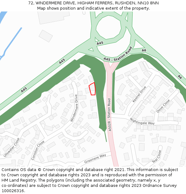 72, WINDERMERE DRIVE, HIGHAM FERRERS, RUSHDEN, NN10 8NN: Location map and indicative extent of plot